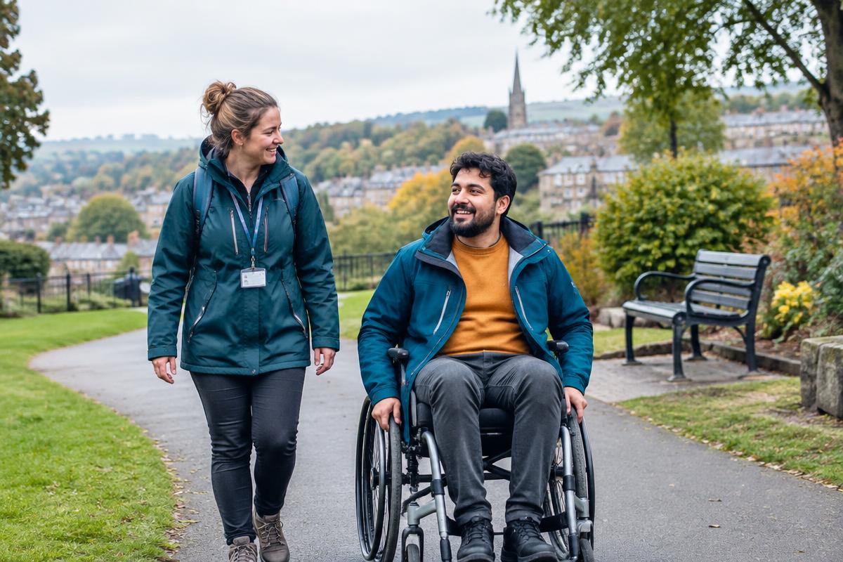 An adult and support worker enjoying a local West Yorkshire park